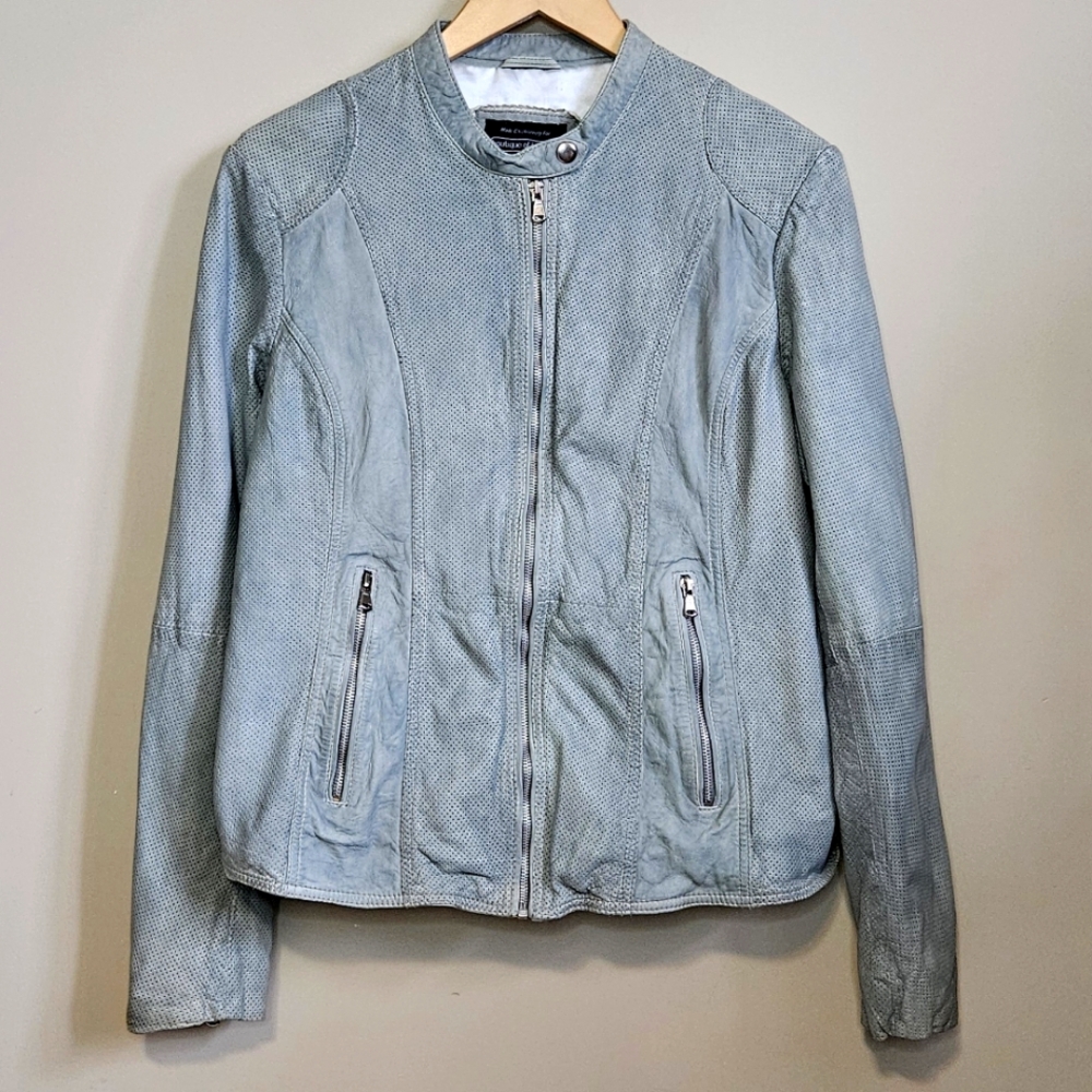 Vintage Leather Light Sage Green Perforated Full Zip Jacket 80's 90's Style Sz L